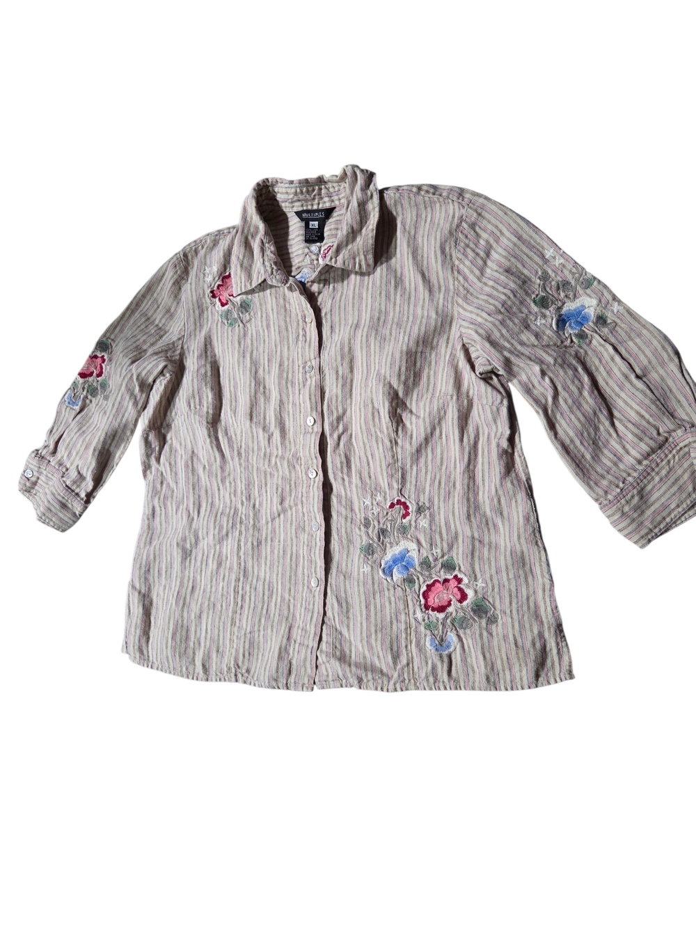 Multiples Boho Embroidered Linen Blend Striped Button Down Shirt Floral Sz XL